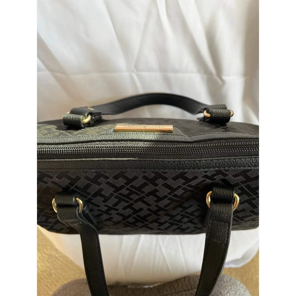 Tommy Hilfiger Black Signature Monogram Satchel‎ Handbag Gold Hardware